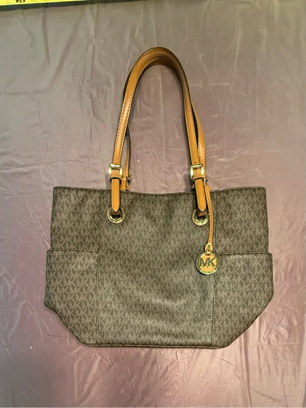 Michael Kors Jet Set East West Dark Brown Logo Tote with Cognac Straps